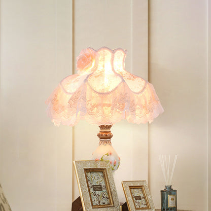 Contemporary 1 Light Night Lamp Beige Lace Trim Table Lighting with Fabric Shade and Carved Base Beige Clearhalo 'Lamps' 'Table Lamps' Lighting' 809722