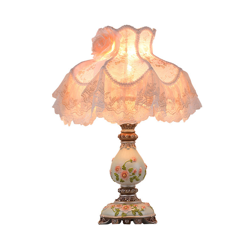 Contemporary 1 Light Night Lamp Beige Lace Trim Table Lighting with Fabric Shade and Carved Base Clearhalo 'Lamps' 'Table Lamps' Lighting' 809724