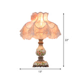 Contemporary 1 Light Night Lamp Beige Lace Trim Table Lighting with Fabric Shade and Carved Base Clearhalo 'Lamps' 'Table Lamps' Lighting' 809725