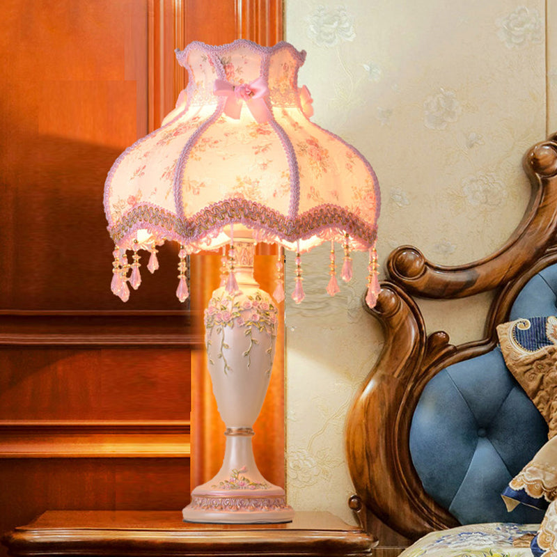 Vase Resin Night Table Lamp Pastoral 1-Head Pink Nightstand Light with Braided Trim and Drape Pink Clearhalo 'Lamps' 'Table Lamps' Lighting' 809730