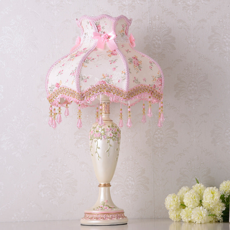 Vase Resin Night Table Lamp Pastoral 1-Head Pink Nightstand Light with Braided Trim and Drape Clearhalo 'Lamps' 'Table Lamps' Lighting' 809731