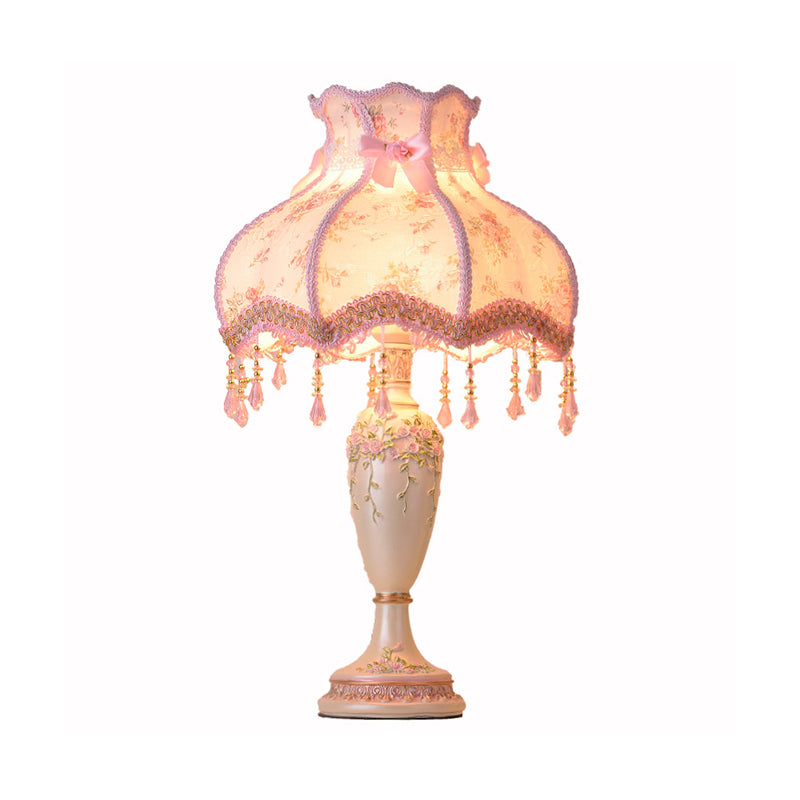 Vase Resin Night Table Lamp Pastoral 1-Head Pink Nightstand Light with Braided Trim and Drape Clearhalo 'Lamps' 'Table Lamps' Lighting' 809732