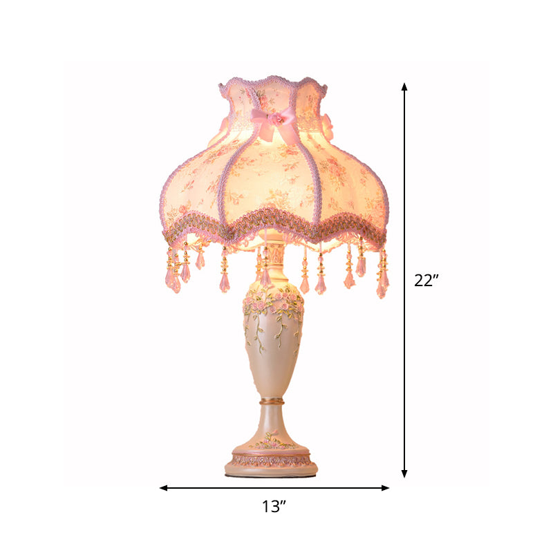 Vase Resin Night Table Lamp Pastoral 1-Head Pink Nightstand Light with Braided Trim and Drape Clearhalo 'Lamps' 'Table Lamps' Lighting' 809733