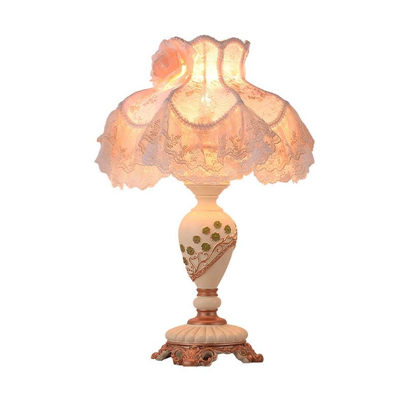 1-Bulb Living Room Table Light Pastoral Beige Night Lamp with Vase Resin Base and Lace Trim Clearhalo 'Lamps' 'Table Lamps' Lighting' 809747