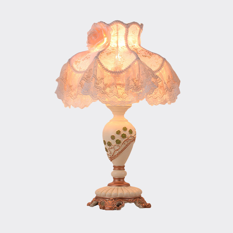 1-Bulb Living Room Table Light Pastoral Beige Night Lamp with Vase Resin Base and Lace Trim Clearhalo 'Lamps' 'Table Lamps' Lighting' 809748