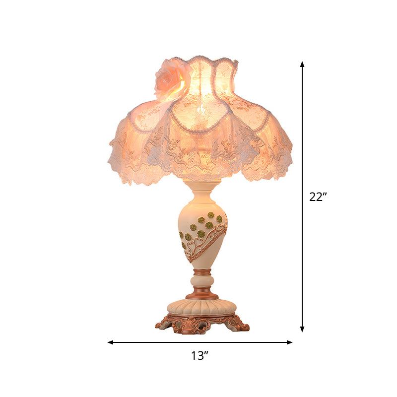 1-Bulb Living Room Table Light Pastoral Beige Night Lamp with Vase Resin Base and Lace Trim Clearhalo 'Lamps' 'Table Lamps' Lighting' 809749