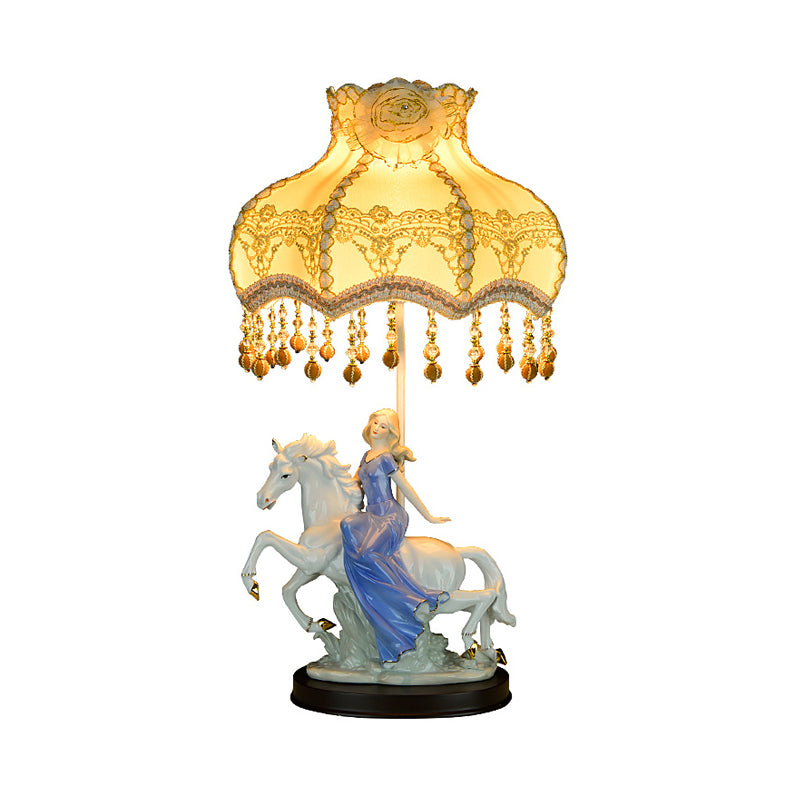 Wave Edge Table Lamp Retro Fabric 1 Head White Night Light with Ceramic Woman and Horse Decor Clearhalo 'Lamps' 'Table Lamps' Lighting' 809752