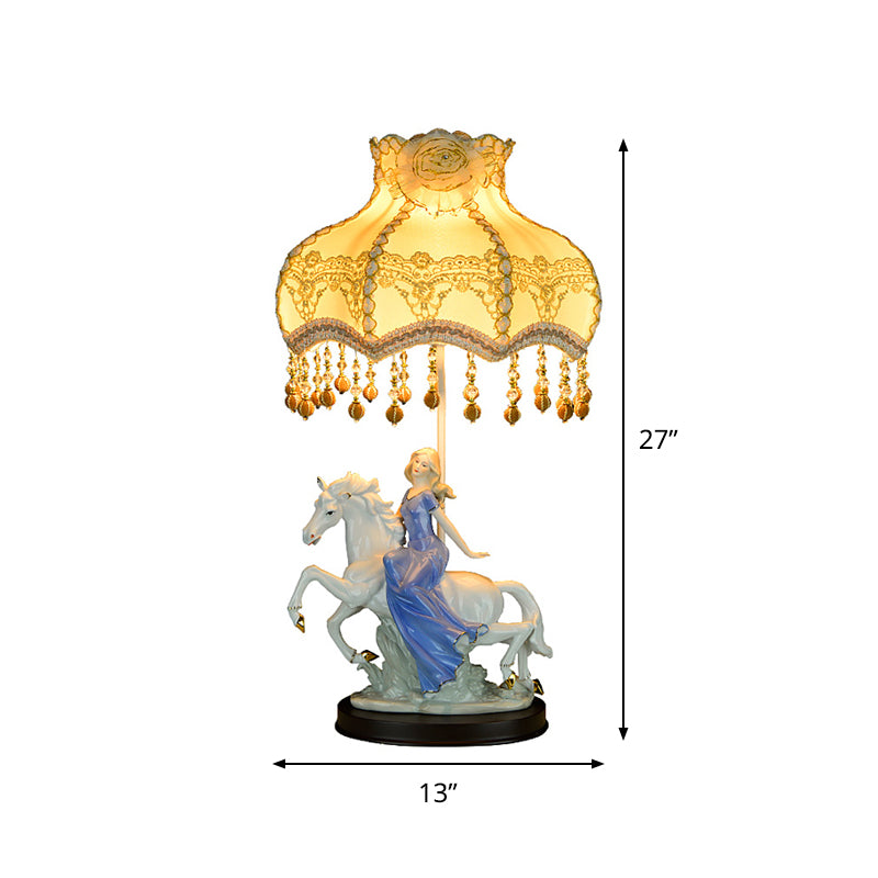 Wave Edge Table Lamp Retro Fabric 1 Head White Night Light with Ceramic Woman and Horse Decor Clearhalo 'Lamps' 'Table Lamps' Lighting' 809753