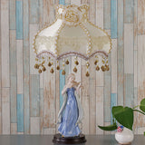 Fabric Wave Trim Table Lighting Vintage 1 Light Beige Night Light with Ceramic Woman Design Beige Clearhalo 'Lamps' 'Table Lamps' Lighting' 809754