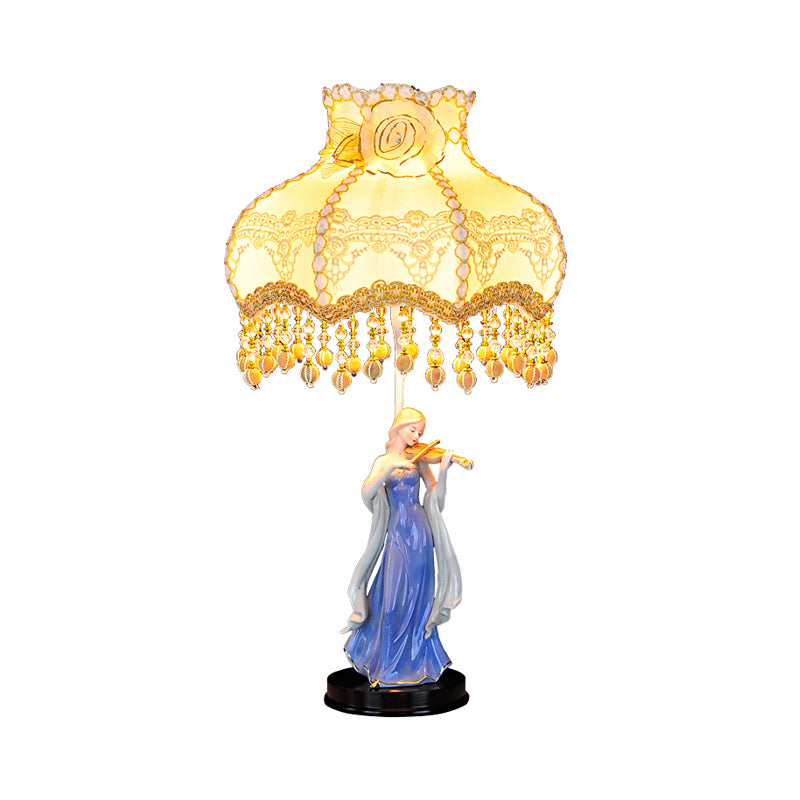 Fabric Wave Trim Table Lighting Vintage 1 Light Beige Night Light with Ceramic Woman Design Clearhalo 'Lamps' 'Table Lamps' Lighting' 809755