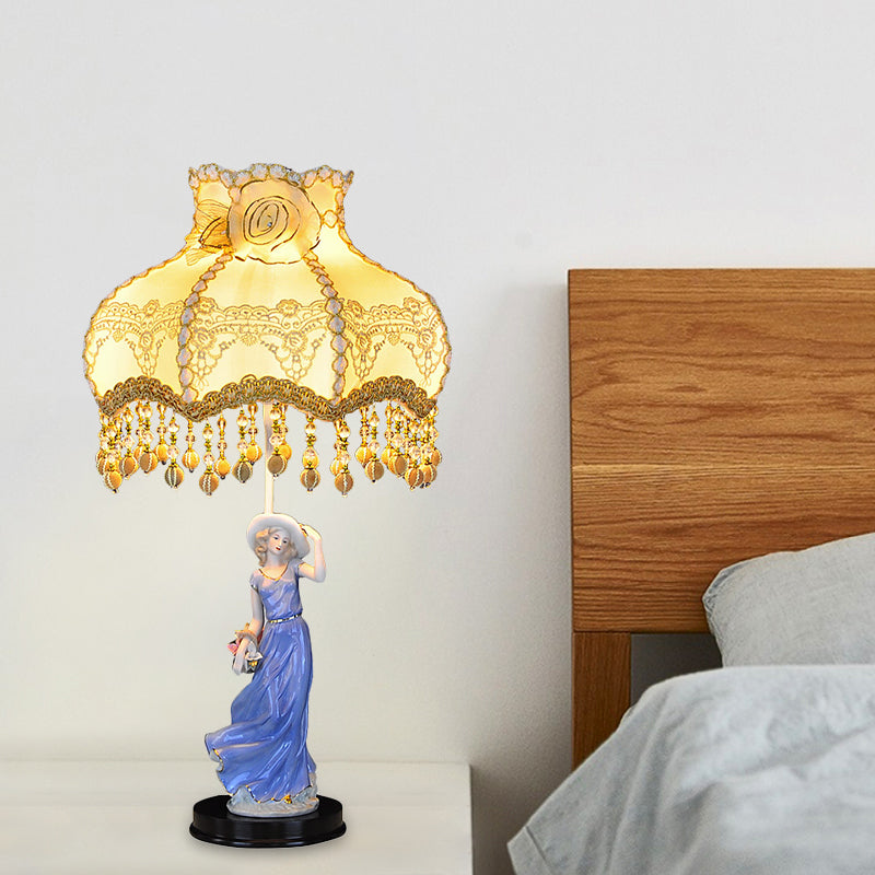 Ceramic Woman Night Light Pastoral 1 Bulb Beige Table Lamp with Scalloped Fabric Shade Beige Clearhalo 'Lamps' 'Table Lamps' Lighting' 809758