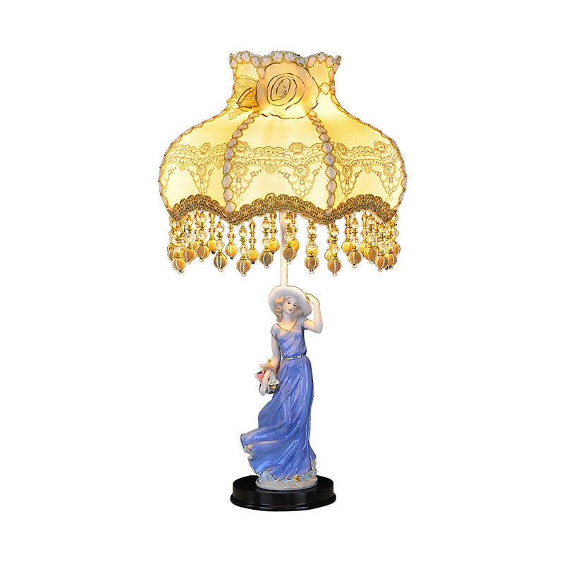 Ceramic Woman Night Light Pastoral 1 Bulb Beige Table Lamp with Scalloped Fabric Shade Clearhalo 'Lamps' 'Table Lamps' Lighting' 809759