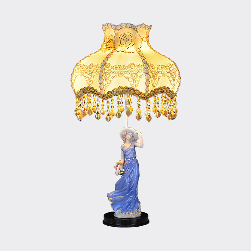 Ceramic Woman Night Light Pastoral 1 Bulb Beige Table Lamp with Scalloped Fabric Shade Clearhalo 'Lamps' 'Table Lamps' Lighting' 809760