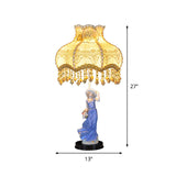 Ceramic Woman Night Light Pastoral 1 Bulb Beige Table Lamp with Scalloped Fabric Shade Clearhalo 'Lamps' 'Table Lamps' Lighting' 809761