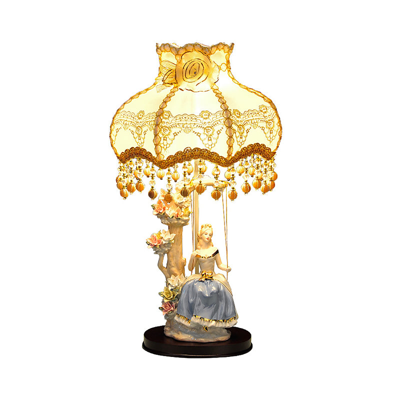 Romantic Pastoral Scalloped Night Lamp Fabric 1 Bulb Bedroom Table Light in Beige with Ceramic Figure Design Clearhalo 'Lamps' 'Table Lamps' Lighting' 809764