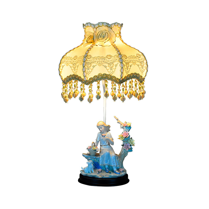 Girl Ceramic Nightstand Light Pastoral 1 Head Beige Table Lamp with Fabric Shade and Drop Clearhalo 'Lamps' 'Table Lamps' Lighting' 809767
