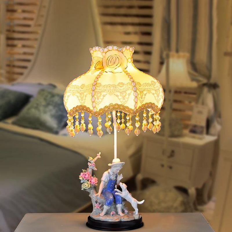 Beige Ruffle Edge Nightstand Lamp Pastoral 1 Light Fabric Night Light with Ceramic Boy and Dog Beige Clearhalo 'Lamps' 'Table Lamps' Lighting' 809770