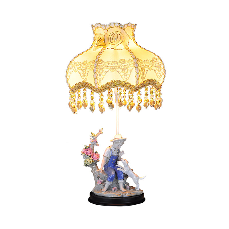 Beige Ruffle Edge Nightstand Lamp Pastoral 1 Light Fabric Night Light with Ceramic Boy and Dog Clearhalo 'Lamps' 'Table Lamps' Lighting' 809771