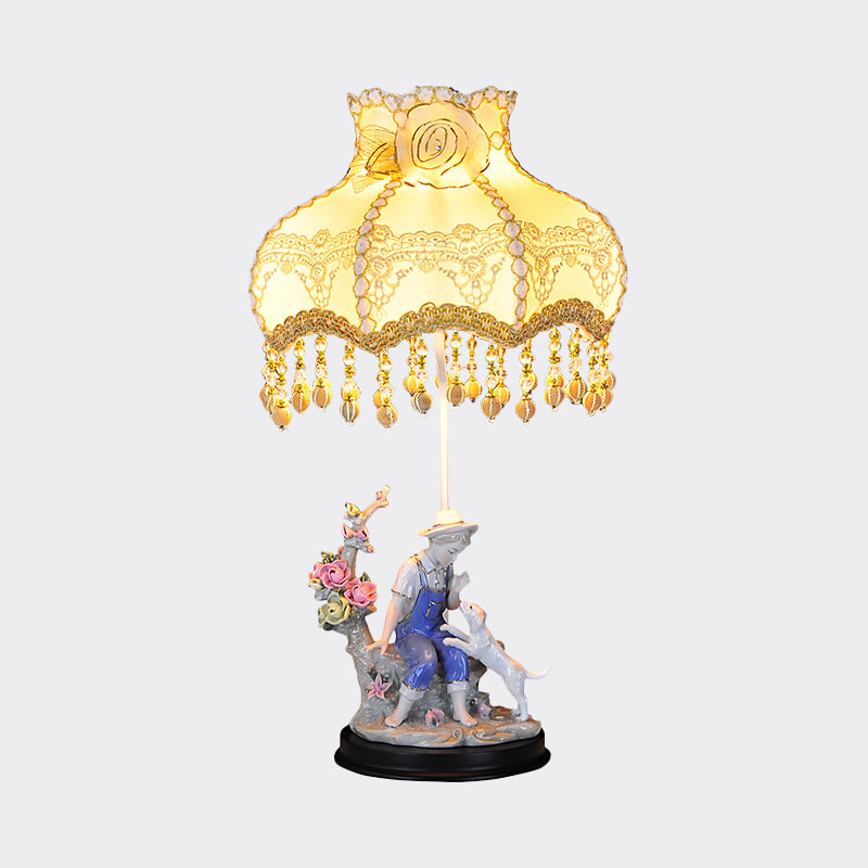Beige Ruffle Edge Nightstand Lamp Pastoral 1 Light Fabric Night Light with Ceramic Boy and Dog Clearhalo 'Lamps' 'Table Lamps' Lighting' 809772