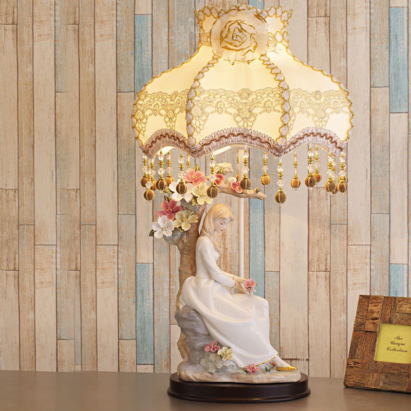 Ceramic Girl Night Lighting Countryside Single Beige Table Lamp with Fabric Shade and Pendant Beige Clearhalo 'Lamps' 'Table Lamps' Lighting' 809778