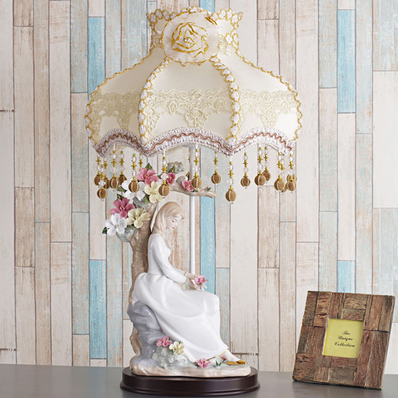 Ceramic Girl Night Lighting Countryside Single Beige Table Lamp with Fabric Shade and Pendant Clearhalo 'Lamps' 'Table Lamps' Lighting' 809779