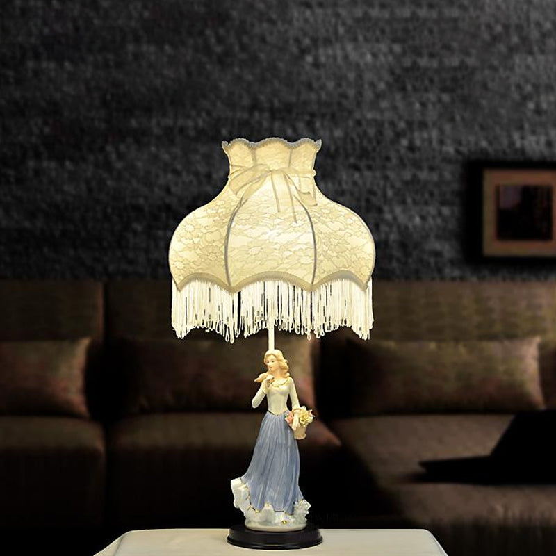 Single Bedroom Night Lighting Countryside White Table Lamp with Fabric Shade and Ceramic Girl Decor White Clearhalo 'Lamps' 'Table Lamps' Lighting' 809786