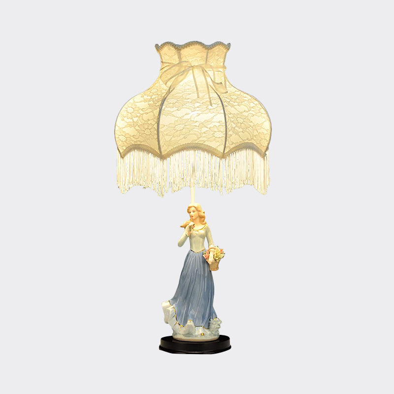 Single Bedroom Night Lighting Countryside White Table Lamp with Fabric Shade and Ceramic Girl Decor Clearhalo 'Lamps' 'Table Lamps' Lighting' 809788