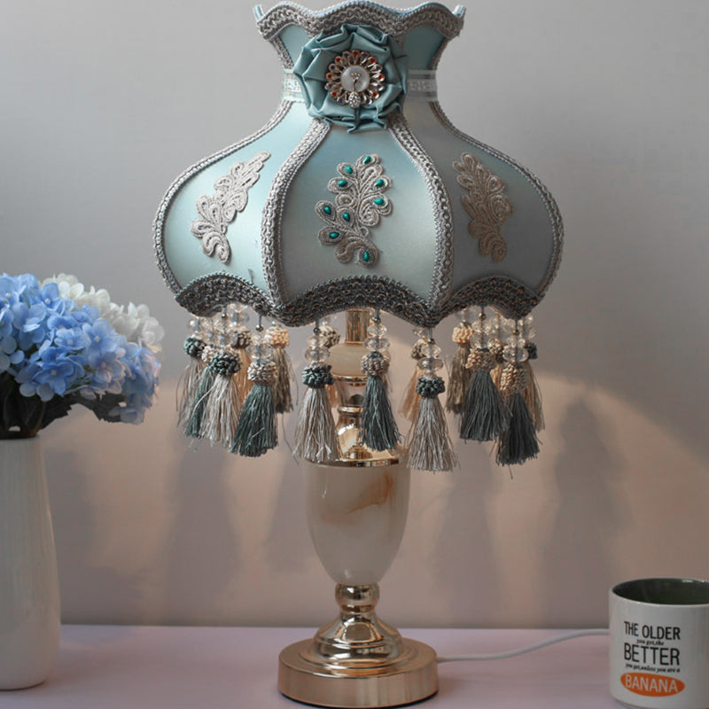 Marble Urn Table Light French 1 Head Aqua Night Lighting with Fabric Shade and Tassel Aqua Clearhalo 'Lamps' 'Table Lamps' Lighting' 809802