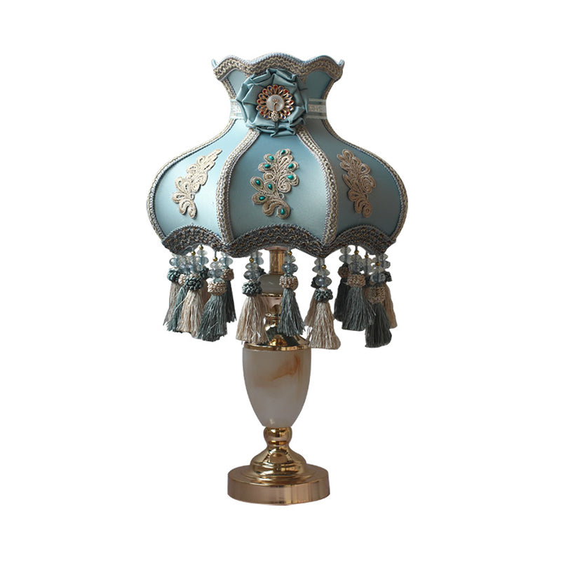 Marble Urn Table Light French 1 Head Aqua Night Lighting with Fabric Shade and Tassel Clearhalo 'Lamps' 'Table Lamps' Lighting' 809803