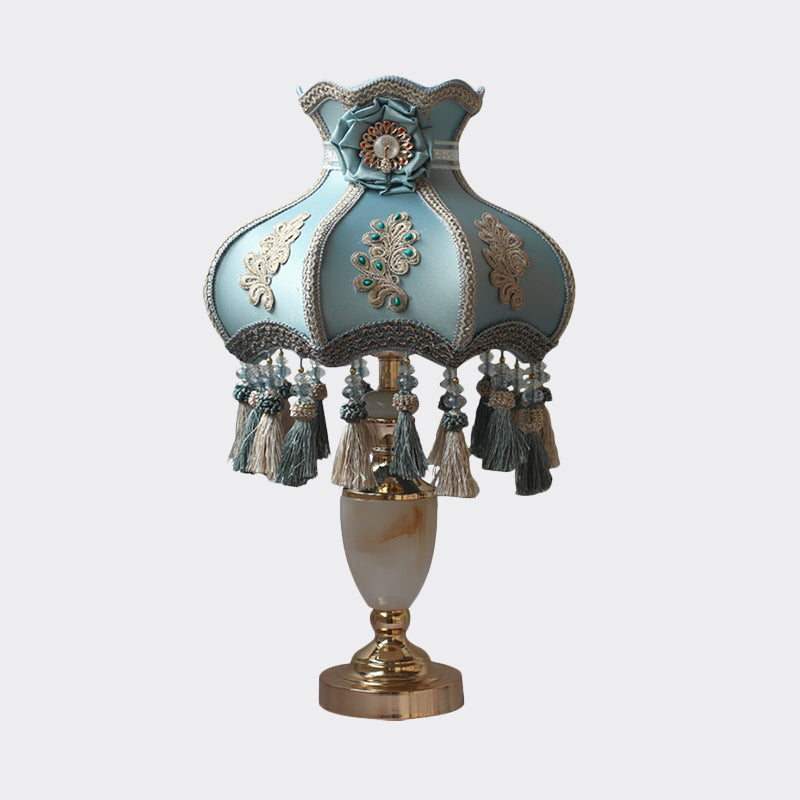 Marble Urn Table Light French 1 Head Aqua Night Lighting with Fabric Shade and Tassel Clearhalo 'Lamps' 'Table Lamps' Lighting' 809804