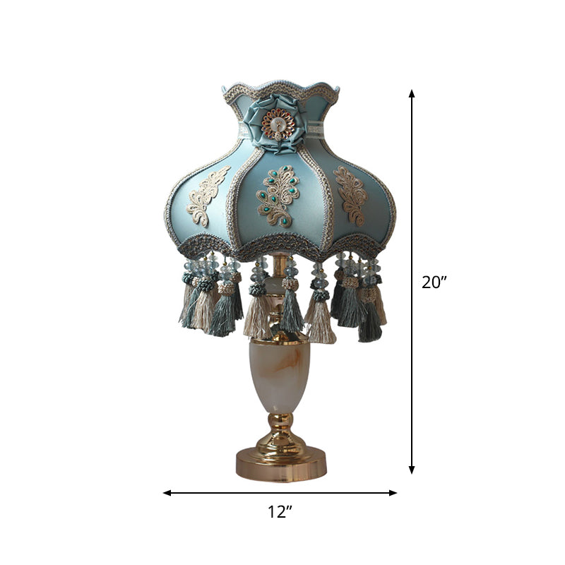 Marble Urn Table Light French 1 Head Aqua Night Lighting with Fabric Shade and Tassel Clearhalo 'Lamps' 'Table Lamps' Lighting' 809805