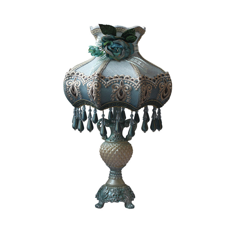 Peacock Blue Vase Night Light Vintage 1 Bulb Resin Nightstand Lighting with Fabric Shade Clearhalo 'Lamps' 'Table Lamps' Lighting' 809807