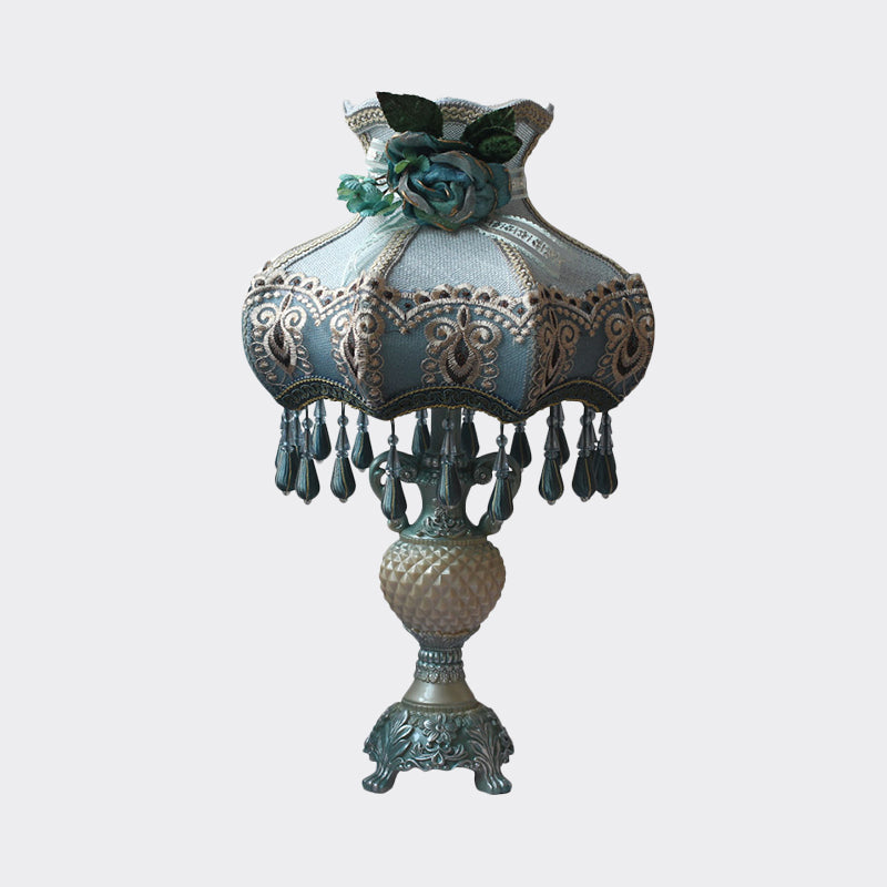 Peacock Blue Vase Night Light Vintage 1 Bulb Resin Nightstand Lighting with Fabric Shade Clearhalo 'Lamps' 'Table Lamps' Lighting' 809808