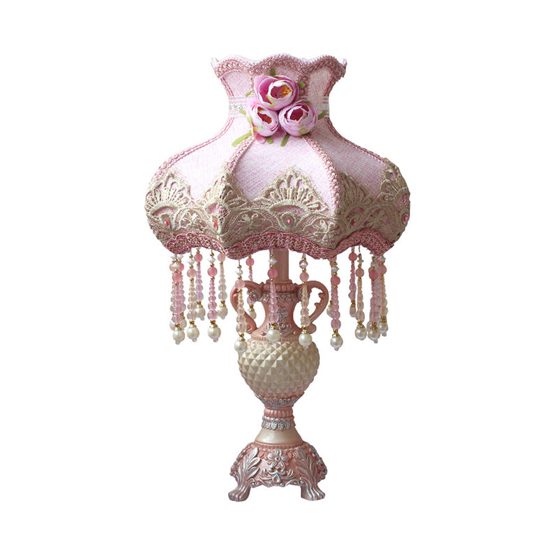 Beaded Nightstand Light Pastoral Fabric 1 Bulb Bedroom Table Lamp in Pink with Urn Resin Base Clearhalo 'Lamps' 'Table Lamps' Lighting' 809811