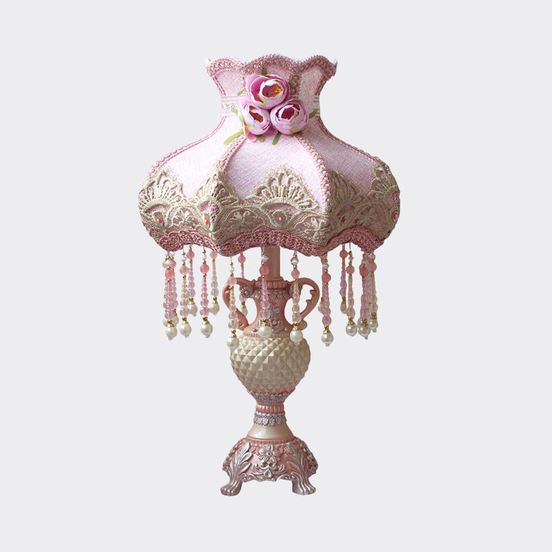 Beaded Nightstand Light Pastoral Fabric 1 Bulb Bedroom Table Lamp in Pink with Urn Resin Base Clearhalo 'Lamps' 'Table Lamps' Lighting' 809812