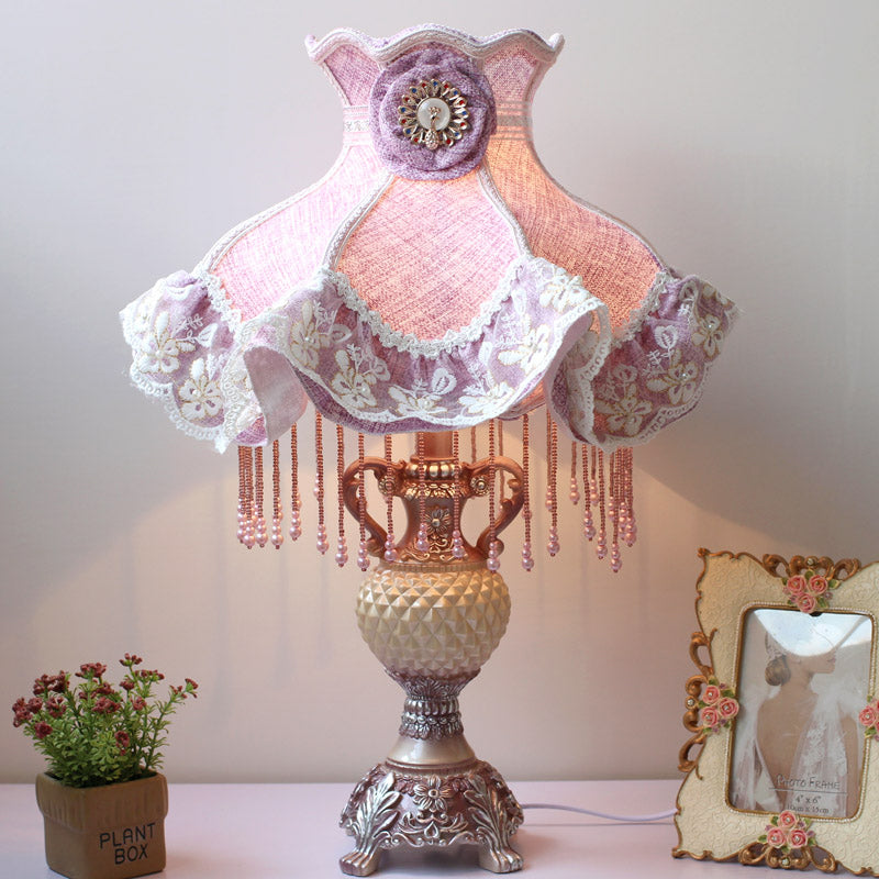 French Lace Trim Night Lamp Fabric 1-Bulb Bedroom Table Light in Purple with Resin Vase Base Purple Clearhalo 'Lamps' 'Table Lamps' Lighting' 809818