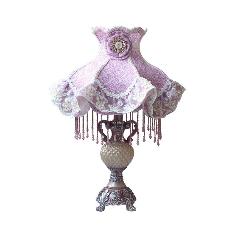 French Lace Trim Night Lamp Fabric 1-Bulb Bedroom Table Light in Purple with Resin Vase Base Clearhalo 'Lamps' 'Table Lamps' Lighting' 809819