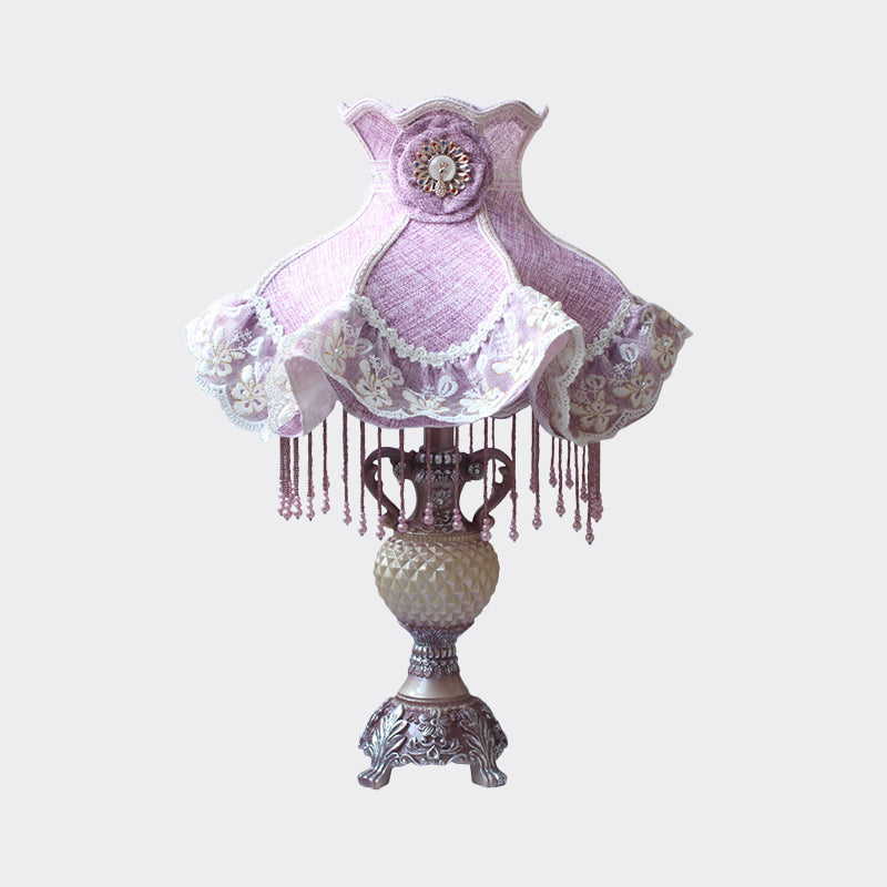 French Lace Trim Night Lamp Fabric 1-Bulb Bedroom Table Light in Purple with Resin Vase Base Clearhalo 'Lamps' 'Table Lamps' Lighting' 809820