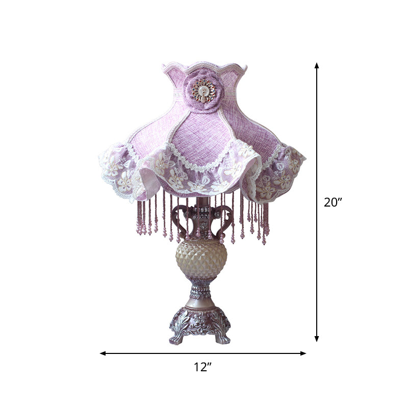 French Lace Trim Night Lamp Fabric 1-Bulb Bedroom Table Light in Purple with Resin Vase Base Clearhalo 'Lamps' 'Table Lamps' Lighting' 809821