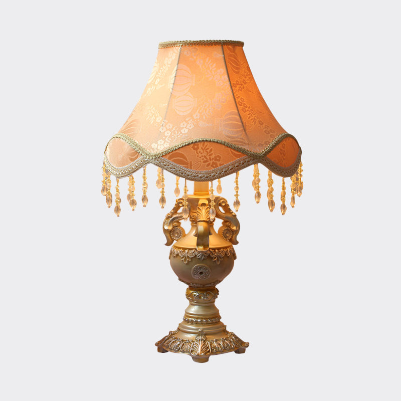 Apricot Bell Nightstand Lamp Countryside 1-Head Fabric Night Light with Draping and Resin Base Clearhalo 'Lamps' 'Table Lamps' Lighting' 809824