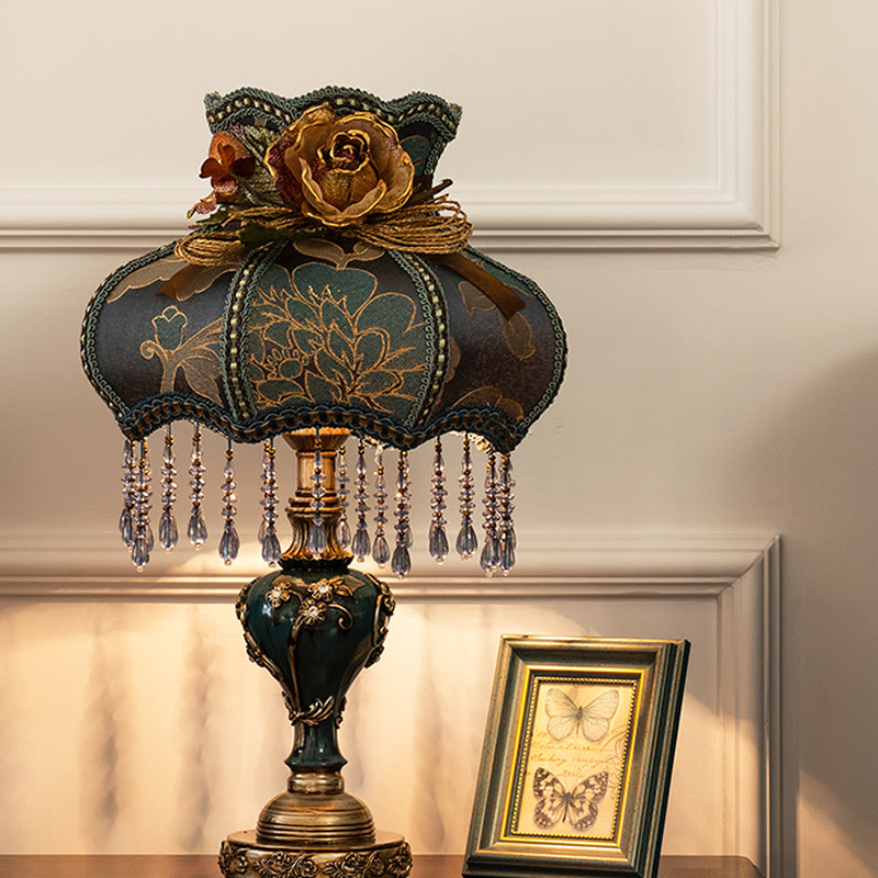 Vintage Urn Resin Night Light 1 Bulb Table Lamp in Dark Blue with Fabric Shade and Carved Design Dark Blue Clearhalo 'Lamps' 'Table Lamps' Lighting' 809830