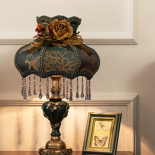 Vintage Urn Resin Night Light 1 Bulb Table Lamp in Dark Blue with Fabric Shade and Carved Design Dark Blue Clearhalo 'Lamps' 'Table Lamps' Lighting' 809830