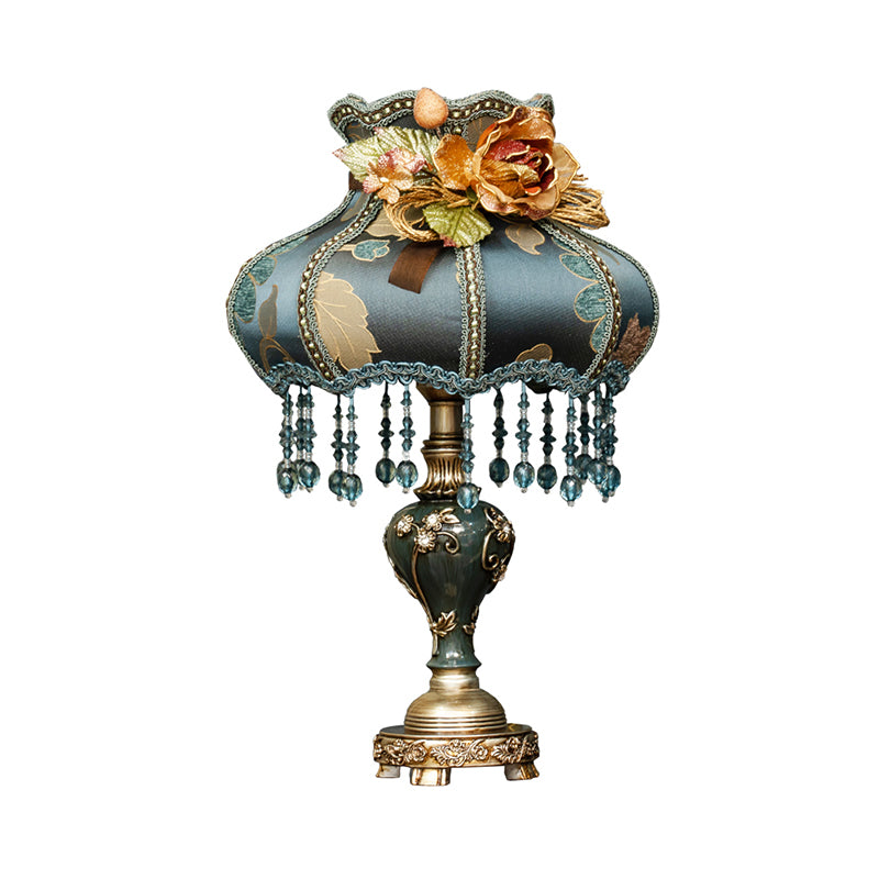 Vintage Urn Resin Night Light 1 Bulb Table Lamp in Dark Blue with Fabric Shade and Carved Design Clearhalo 'Lamps' 'Table Lamps' Lighting' 809831