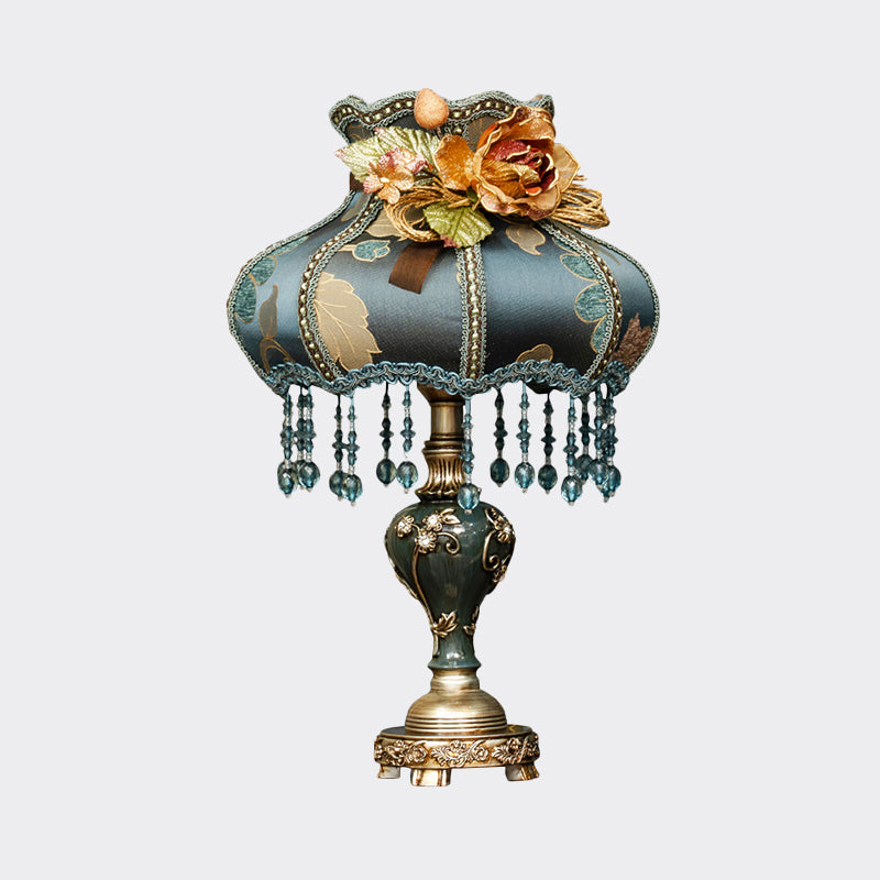 Vintage Urn Resin Night Light 1 Bulb Table Lamp in Dark Blue with Fabric Shade and Carved Design Clearhalo 'Lamps' 'Table Lamps' Lighting' 809832