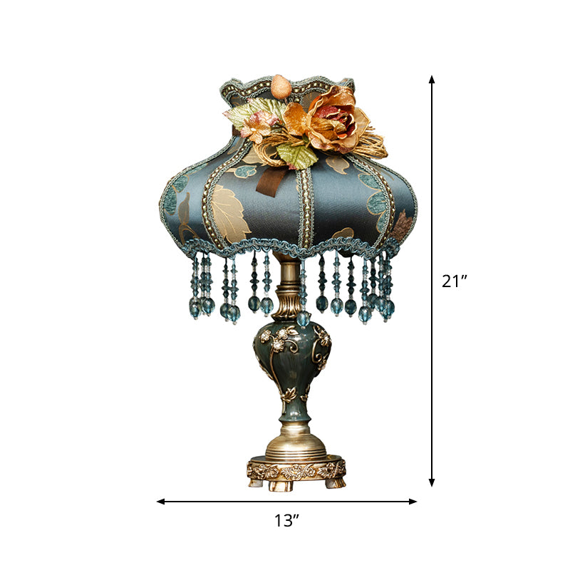 Vintage Urn Resin Night Light 1 Bulb Table Lamp in Dark Blue with Fabric Shade and Carved Design Clearhalo 'Lamps' 'Table Lamps' Lighting' 809833