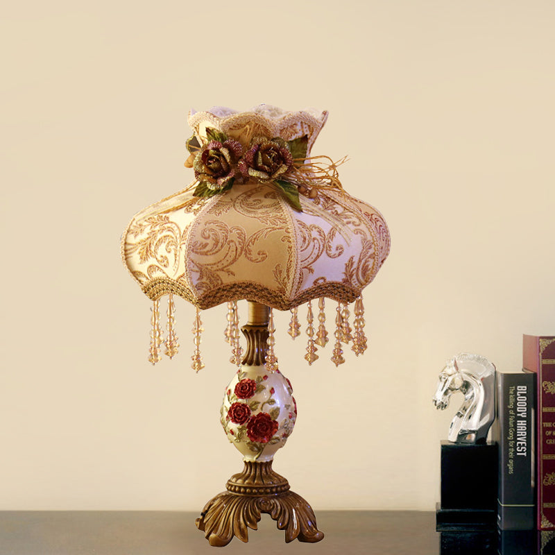 Coffee Vase Nightstand Light Luxury 1 Head Resin Table Lamp with Fabric Shade and Crystal Drop Coffee Clearhalo 'Lamps' 'Table Lamps' Lighting' 809834