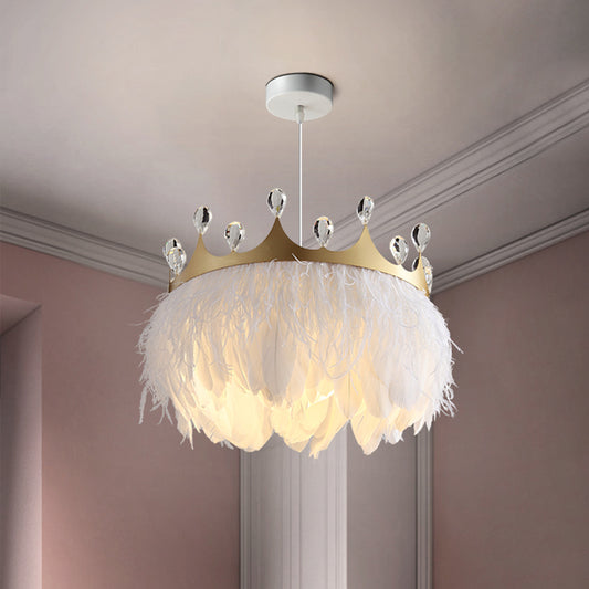 Crown Feather Pendant Light Nordic 1 Head Gold Hanging Lamp with Clear Crystal Accent Clearhalo 'Ceiling Lights' 'Pendant Lights' 'Pendants' Lighting' 809838