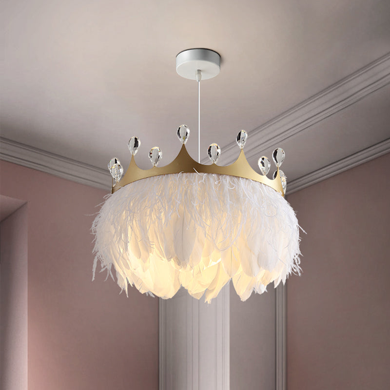 Crown Feather Pendant Light Nordic 1 Head Gold Hanging Lamp with Clear Crystal Accent Gold Clearhalo 'Ceiling Lights' 'Pendant Lights' 'Pendants' Lighting' 809838_b6a303b0-d6f0-4150-9908-3d38b8ea7189