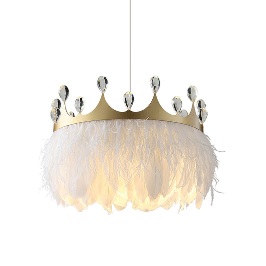 Crown Feather Pendant Light Nordic 1 Head Gold Hanging Lamp with Clear Crystal Accent Clearhalo 'Ceiling Lights' 'Pendant Lights' 'Pendants' Lighting' 809839