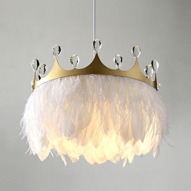 Crown Feather Pendant Light Nordic 1 Head Gold Hanging Lamp with Clear Crystal Accent Clearhalo 'Ceiling Lights' 'Pendant Lights' 'Pendants' Lighting' 809840